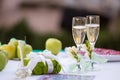 Wedding table with champagne glasses and rings Royalty Free Stock Photo