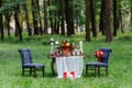 Wedding table decor: chairs and candles, flowers, ceramic dishes with fruits, standing on the lace tablecloth and moss. Bridal det Royalty Free Stock Photo