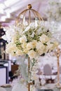 Wedding table decor in white green tones. Wedding table set up in boho style with pampas grass and greenery, soft focus Royalty Free Stock Photo