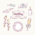 Wedding table decoration in doodle style. Hand drawn celebration clip art. Vector illustration