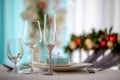 Wedding table decoration. Three decorated glasses and dishes on wedding table Royalty Free Stock Photo