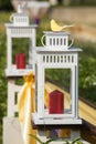 Wedding table decoration, flowers in vase. above. Shallow depth Royalty Free Stock Photo