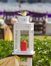 Wedding table decoration, flowers in vase. above. Shallow depth of field Royalty Free Stock Photo