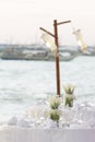 Wedding table decoration in restaurnat on beach Royalty Free Stock Photo