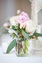 Wedding table decoration series - pink and white bouquet of flowers in a clear glass Royalty Free Stock Photo