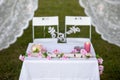 Wedding table with decorations and white chairs in a field Royalty Free Stock Photo