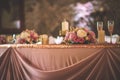 Wedding table with exclusive floral arrangement prepared for reception, wedding or event centerpiece in rose gold color Royalty Free Stock Photo