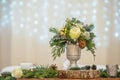 Wedding table with floral arrangement prepared for reception, wedding, birthday or event centerpiece