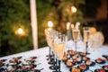 Wedding table with glass objects and a lot of cold snacks on buffet table, catering Royalty Free Stock Photo