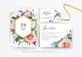 Wedding table number, place card, details, with blush peach, dusty pink, white Rose flowers, green Eucalyptus leaves, berry