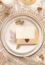 Wedding Table place with Blank paper card and bohemian decorations Royalty Free Stock Photo