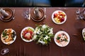 Wedding table in restaurant with flower composition Royalty Free Stock Photo