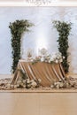 Wedding table serving. Wedding luxury decor. Wedding presidium for the newlyweds