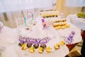 Wedding table set covered with different sweets and the candy bar sign. Royalty Free Stock Photo