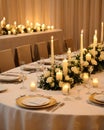 wedding table set for dining, white candles and flowers decorations on a wedding, wedding celebrations concept Royalty Free Stock Photo
