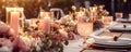 Wedding table set for festive dinner decorated with flowers and burning candles Royalty Free Stock Photo