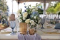 Wedding table set up in pastel blue, gold and white Royalty Free Stock Photo