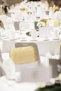 Wedding table sets in wedding hall. wedding decorate preparation. Royalty Free Stock Photo