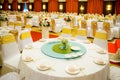 wedding table sets in wedding hall. wedding decorate preparation.