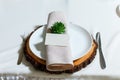 Wedding table setting with blank guest card, napkin, succulent on wooden plate. Rustic decor Royalty Free Stock Photo