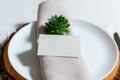 Wedding table setting with blank guest card, napkin, succulent on wooden plate. Rustic decor Royalty Free Stock Photo