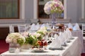 Wedding table setting decorated in the restaurant Royalty Free Stock Photo