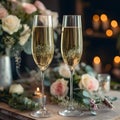 Wedding table setting with glasses of champagne and roses. Romantic wedding illustration with two glasses of sparkling wine and Royalty Free Stock Photo