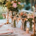 Wedding table setting with glasses of rose champagne, roses and candles on natural linen tablecloth. Romantic wedding illustration Royalty Free Stock Photo