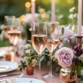 Wedding table setting with glasses of rose champagne, roses and candles. Romantic wedding illustration with glasses of sparkling Royalty Free Stock Photo