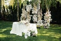 Wedding table setting for newlyweds. Festive table decorated with white plates and napkins. Royalty Free Stock Photo