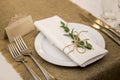 Wedding table setting in rustic style. Eco style. Wedding decoration. Table setting with a sign for the label