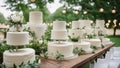 wedding table setting white wedding cakes with different tiers and shapes on a long table. Outdoor party