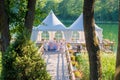 Wedding tables decorated outdoors in forest