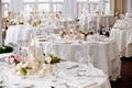 Wedding table decoration series - many tables set for catered luxury wedding event Royalty Free Stock Photo