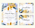 Wedding template with blue yellow leaves watercolor abstract background Royalty Free Stock Photo