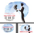 Wedding template set.Bride,groom,watercolor cyan