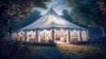 Wedding tent at night. Beautiful event tent with floral decorations, festive table setting and luxury furniture outdoor