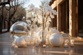 Wedding terrace decor with white flowers, vases and glass ball