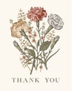 Wedding thanks bouquet Beautiful flowers Vintage greeting card Frame Drawing engraving Carnation Croton Vector Illustration