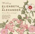 Wedding thanks invitation. Beautiful realistic flowers heliotrope card. Frame, label. Vector engraving victorian Illustration.