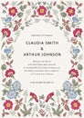 Wedding thanks invitation. Beautiful realistic flowers heliotrope card. Frame Petunia. Vector engraving victorian Illustration
