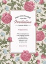 Wedding thanks and invitation. Beautiful realistic flowers Roses agrostemma card Frame Vector engraving victorian Illustration Royalty Free Stock Photo