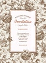 Wedding thanks and invitation. Beautiful realistic flowers Roses agrostemma card Frame Vector engraving victorian Illustration Royalty Free Stock Photo