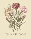Wedding thanks bouquet Beautiful flowers Vintage greeting card Frame Drawing engraving Carnation Croton Vector Illustration Royalty Free Stock Photo