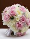 Wedding Theme, Beautiful colorful wedding posy with pink, yellow and white roses with silver decoration and green foliage