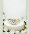 Wedding Theme, Engagement invitation or announcement card with diamond ring and white flowers, created with AI