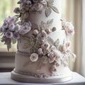 Wedding Theme, Finely detailed multi-tiered intricate wedding cake, detailed pink, purple and beige rose motif with silver flowers