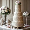 Wedding Theme, Finely detailed multi-tiered intricate wedding cake, detailed shapes decoration, pink roses on top Royalty Free Stock Photo
