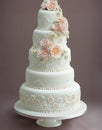 Wedding Theme, Modern style multi-tiered wedding cake with soft intricate floral designs and pink colored roses