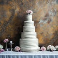 Wedding Theme, Modern style simplistic multi-tiered wedding cake white and soft peach color rose decoration on top Royalty Free Stock Photo